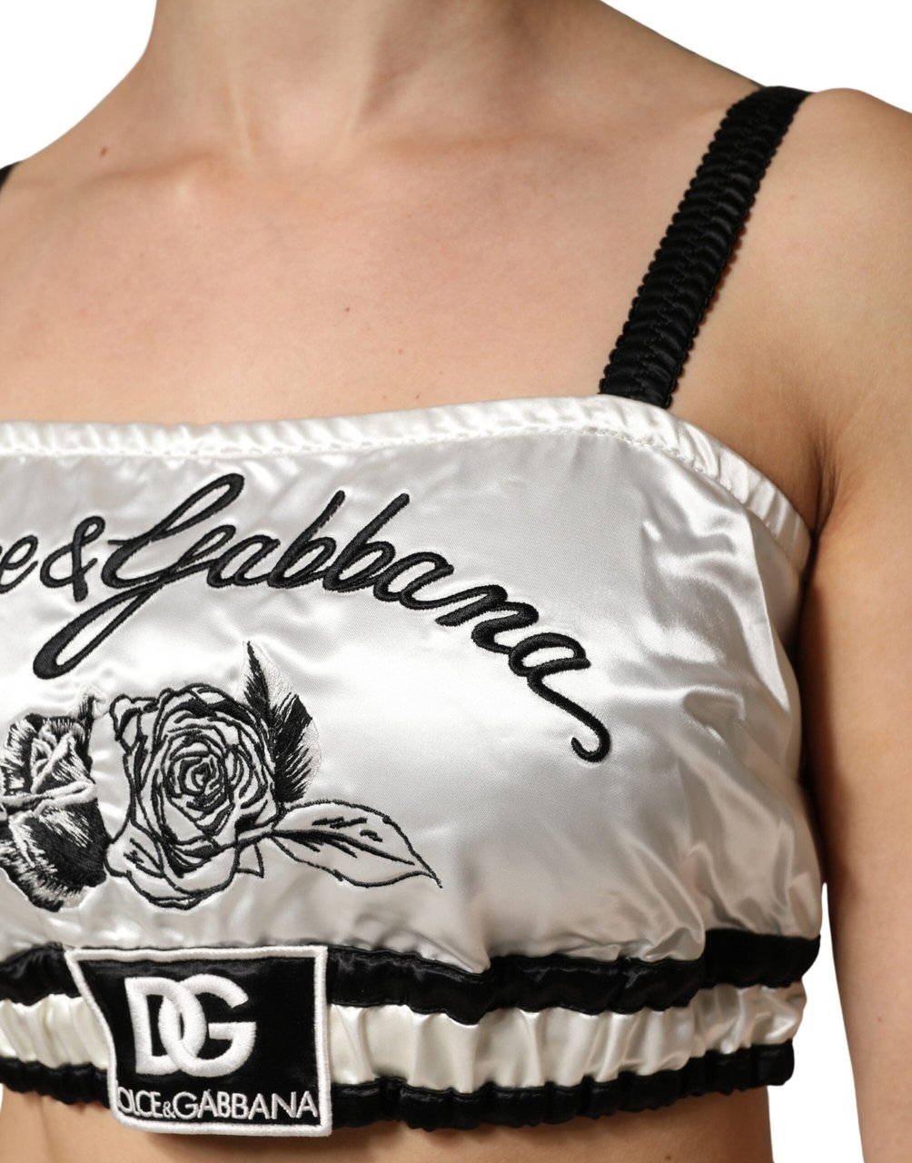Dolce & Gabbana White Silk Satin Crop Black Logo Bralette Top Zwart