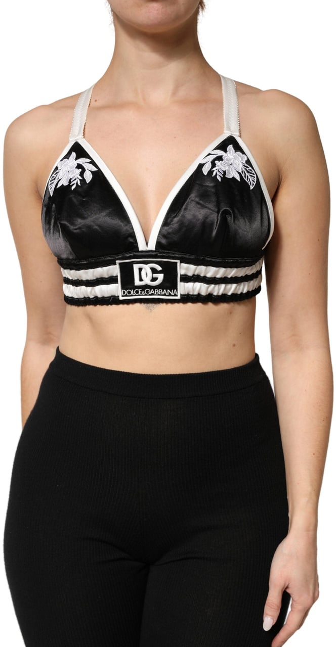 Dolce & Gabbana Black Floral Silk Satin Crop Logo Bralette Top Zwart