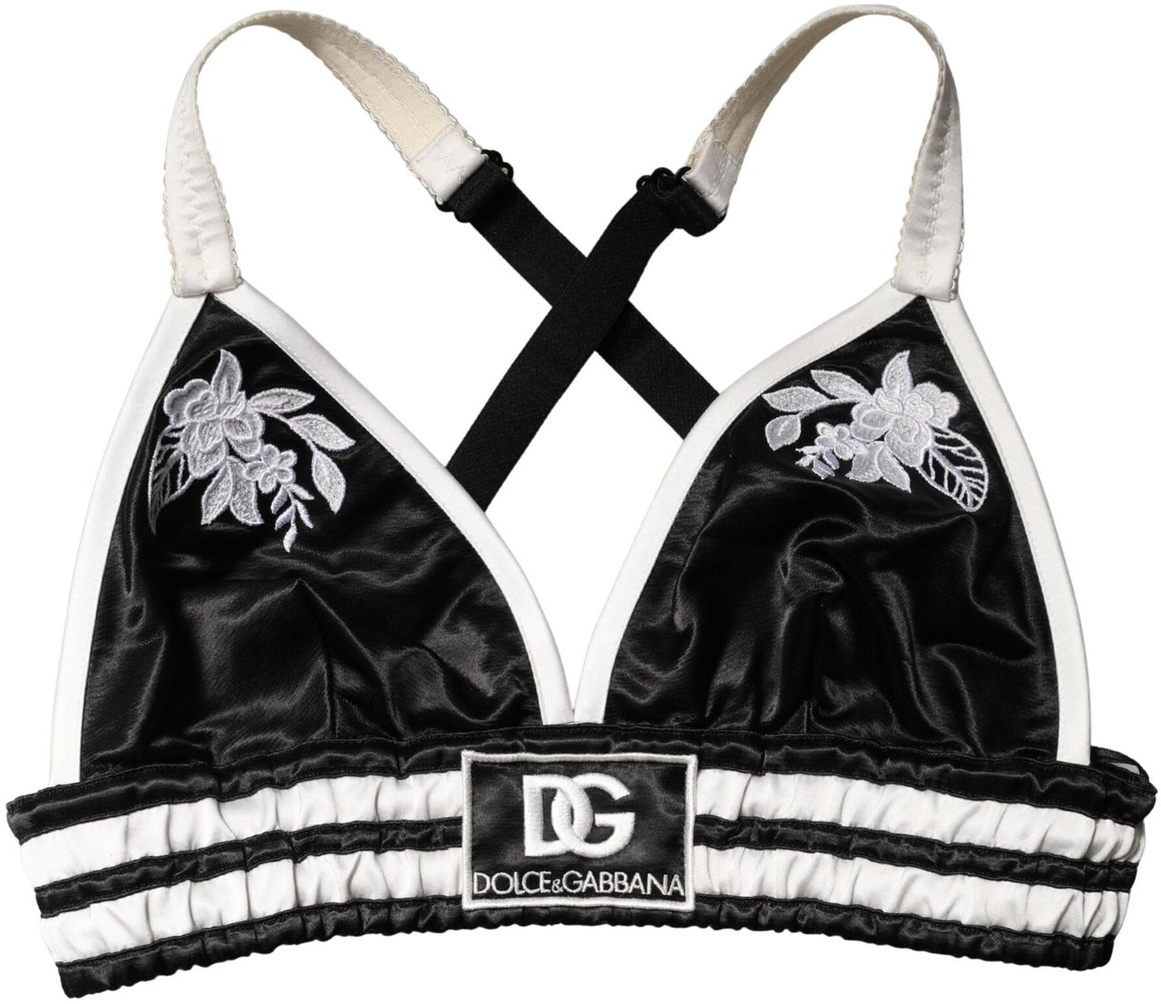 Dolce & Gabbana Black Floral Silk Satin Crop Logo Bralette Top Zwart