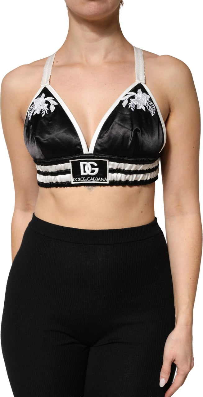 Dolce & Gabbana Black Floral Silk Satin Crop Logo Bralette Top Zwart