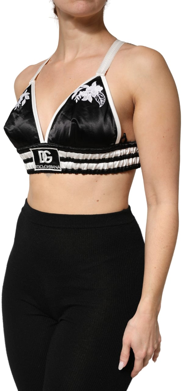 Dolce & Gabbana Black Floral Silk Satin Crop Logo Bralette Top Zwart