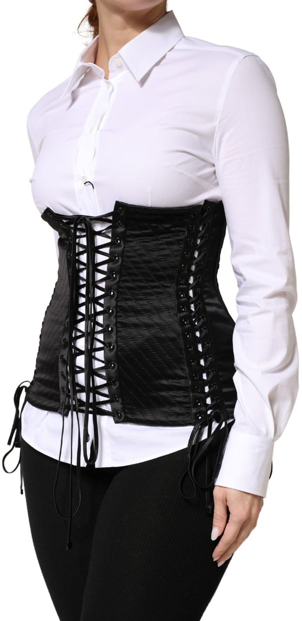 Dolce & Gabbana Black Silk Lace-Up Waist Cincher Corset Top Zwart