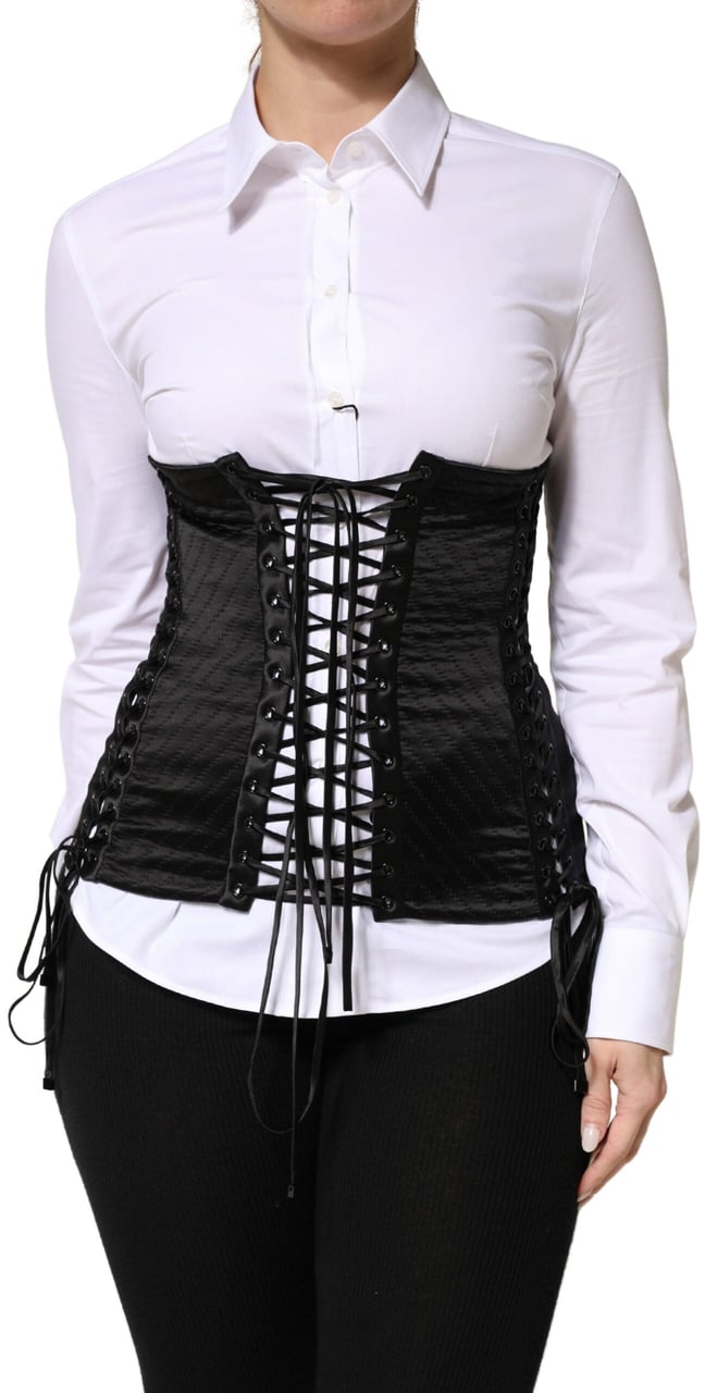 Dolce & Gabbana Black Silk Lace-Up Waist Cincher Corset Top Zwart