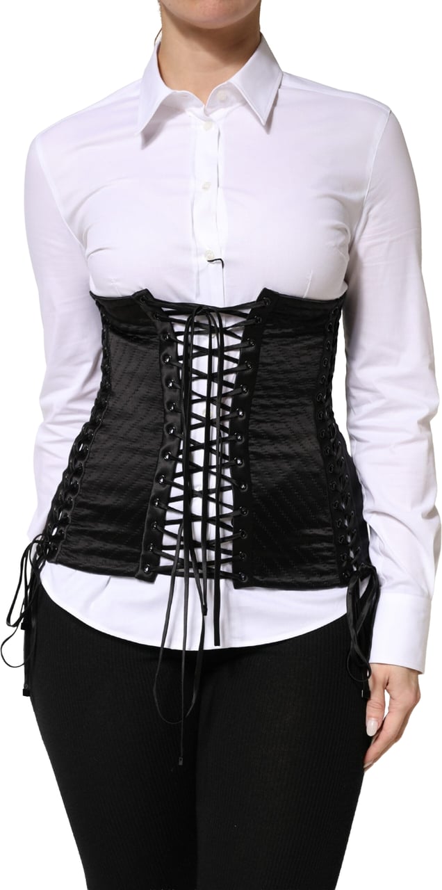 Dolce & Gabbana Black Silk Lace-Up Waist Cincher Corset Top Zwart