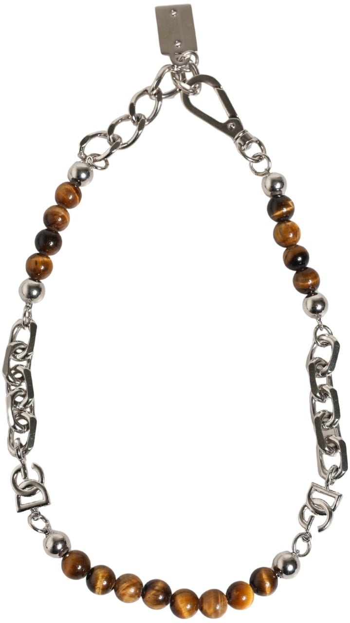 Dolce & Gabbana Silver Tone Brass Chain Beaded Gem DG Logo Bracelet Zilver