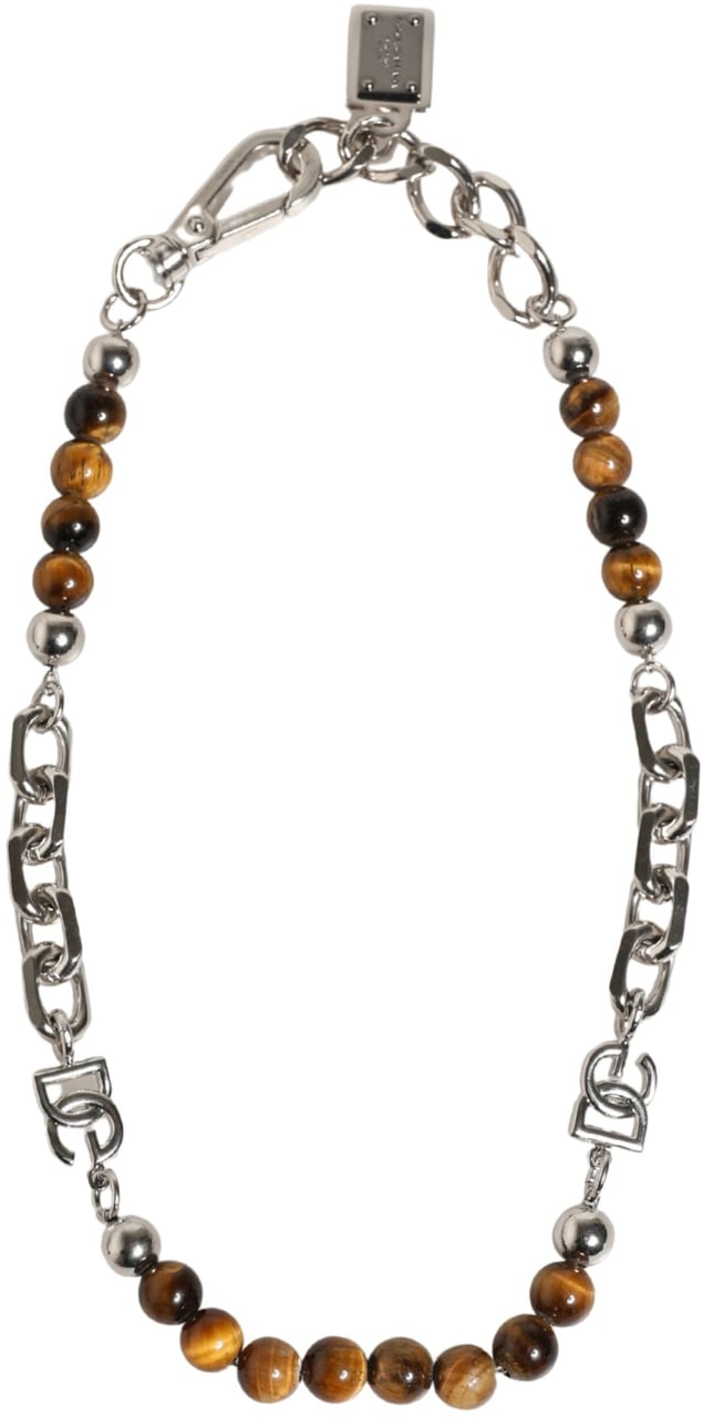 Dolce & Gabbana Silver Tone Brass Chain Beaded Gem DG Logo Bracelet Zilver