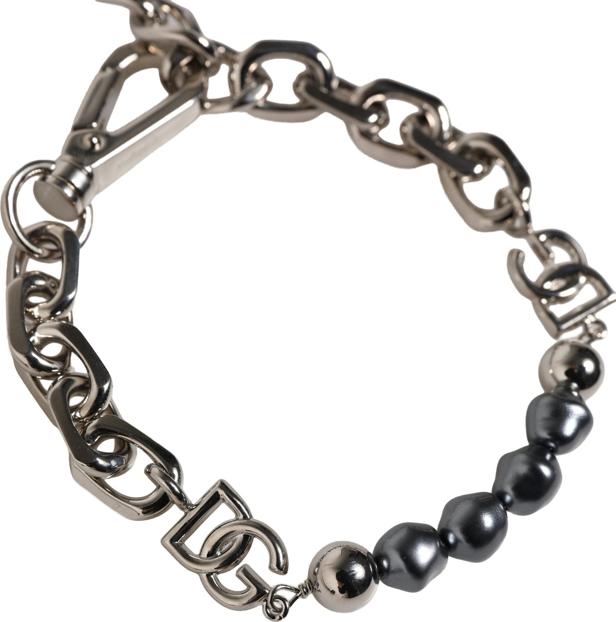 Dolce & Gabbana Silver Tone Chain Lobster Clasp Logo Gray Pearls Bracelet Grijs