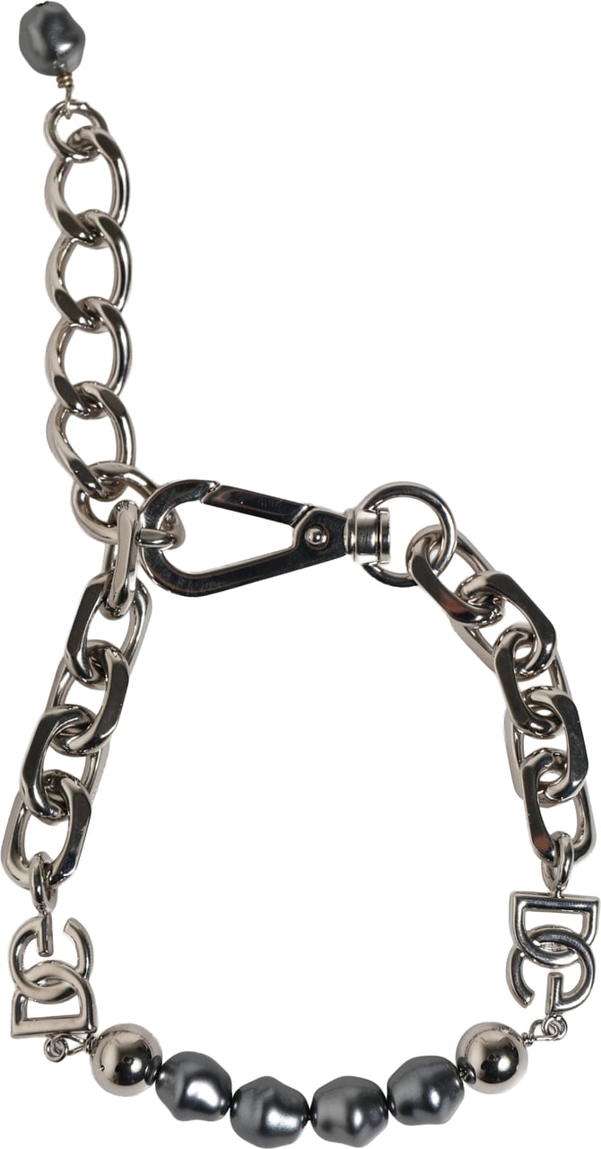Dolce & Gabbana Silver Tone Chain Lobster Clasp Logo Gray Pearls Bracelet Grijs