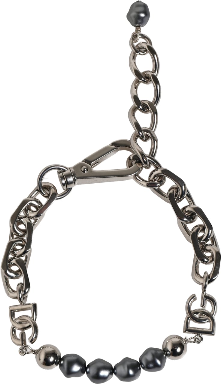 Dolce & Gabbana Silver Tone Chain Lobster Clasp Logo Gray Pearls Bracelet Grijs