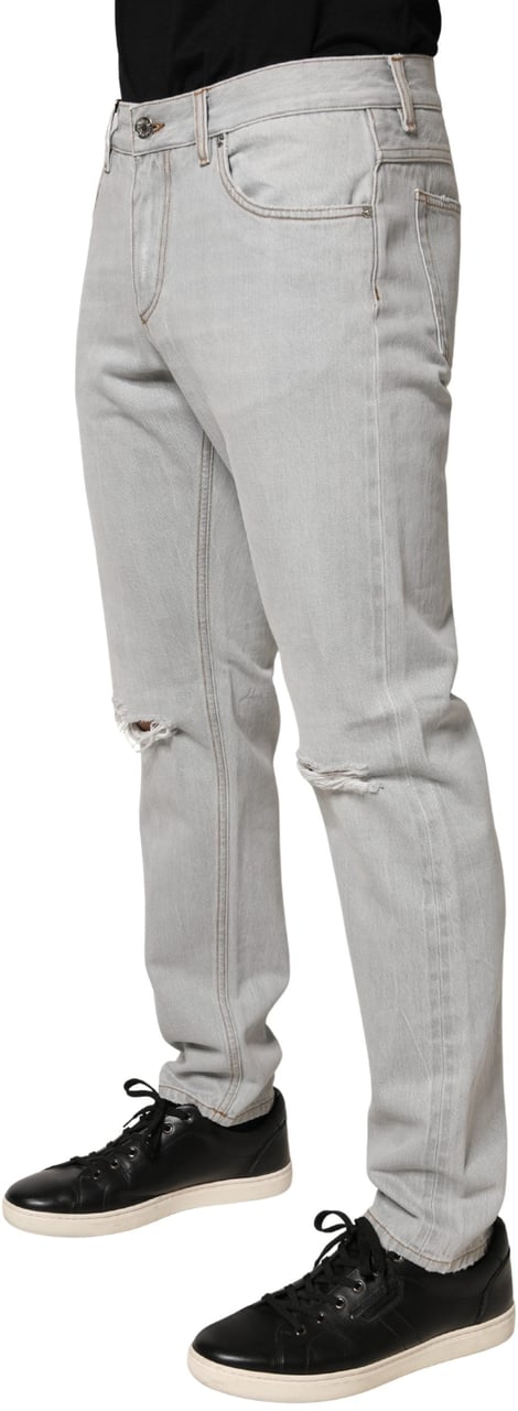 Dolce & Gabbana Light Gray Ripped Cotton Regular Denim Jeans Grijs