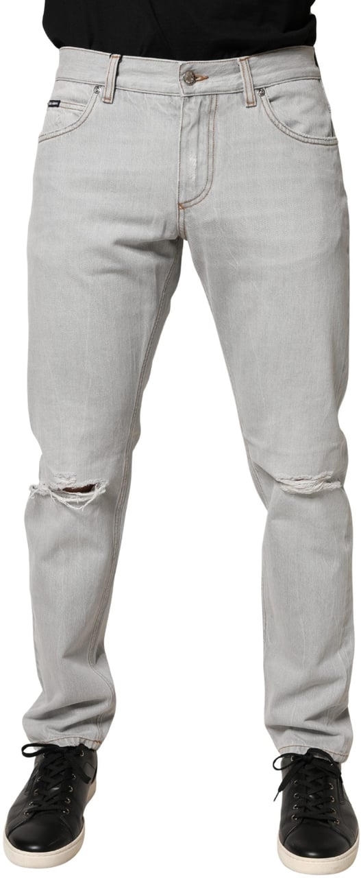 Dolce & Gabbana Light Gray Ripped Cotton Regular Denim Jeans Grijs