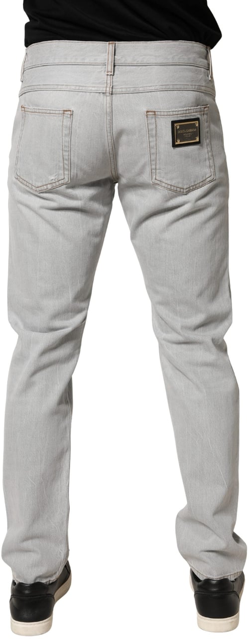 Dolce & Gabbana Light Gray Ripped Cotton Regular Denim Jeans Grijs