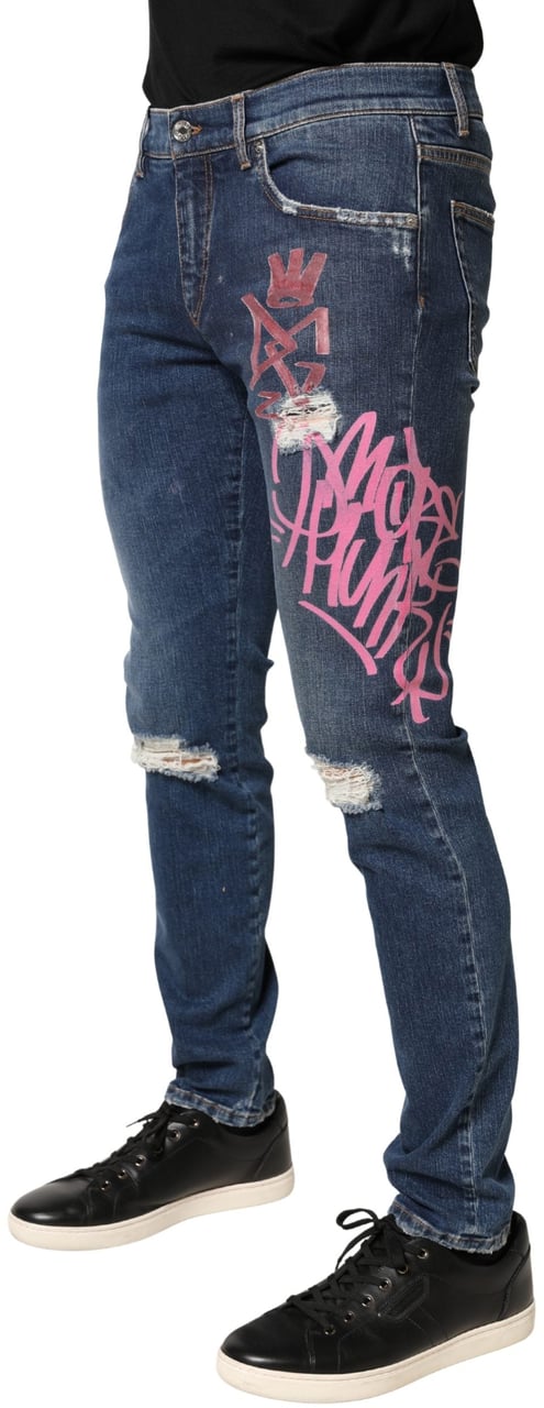 Dolce & Gabbana Blue Distressed Graffiti Print Skinny Jeans Blauw