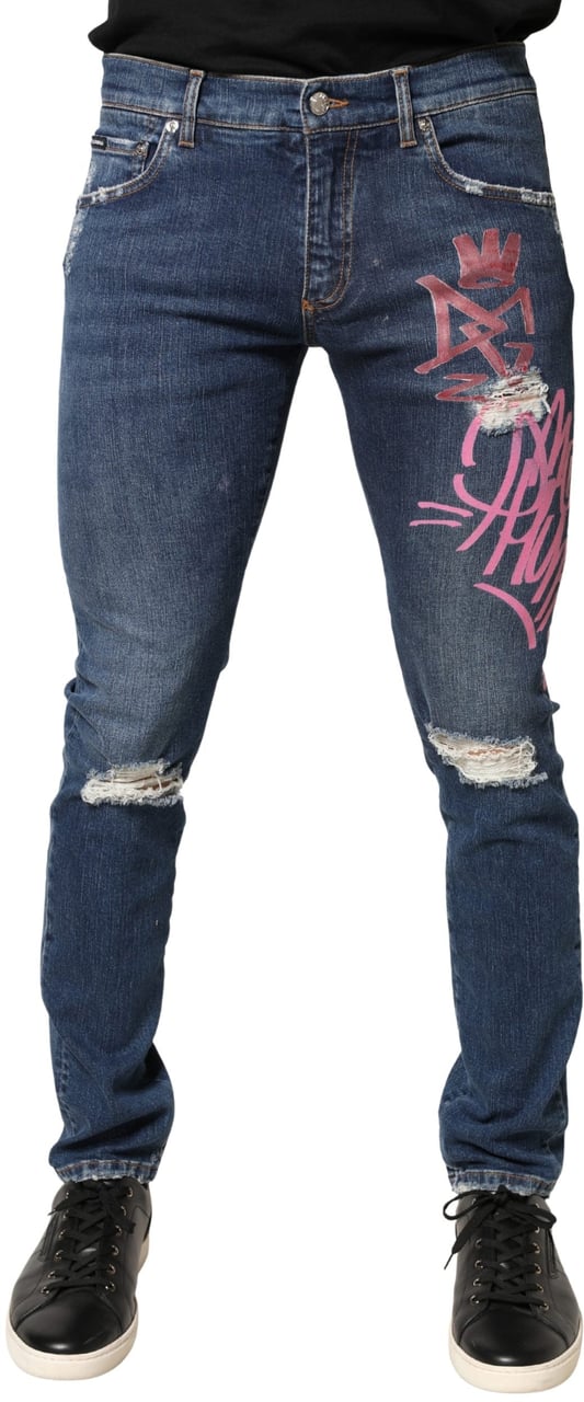 Dolce & Gabbana Blue Distressed Graffiti Print Skinny Jeans Blauw