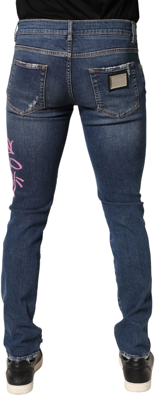 Dolce & Gabbana Blue Distressed Graffiti Print Skinny Jeans Blauw