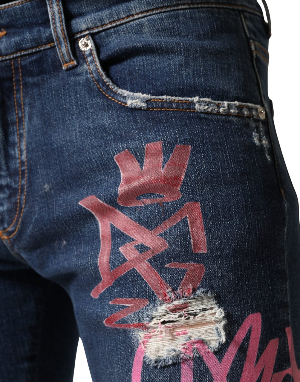 Dolce & Gabbana Blue Distressed Graffiti Print Skinny Jeans Blauw