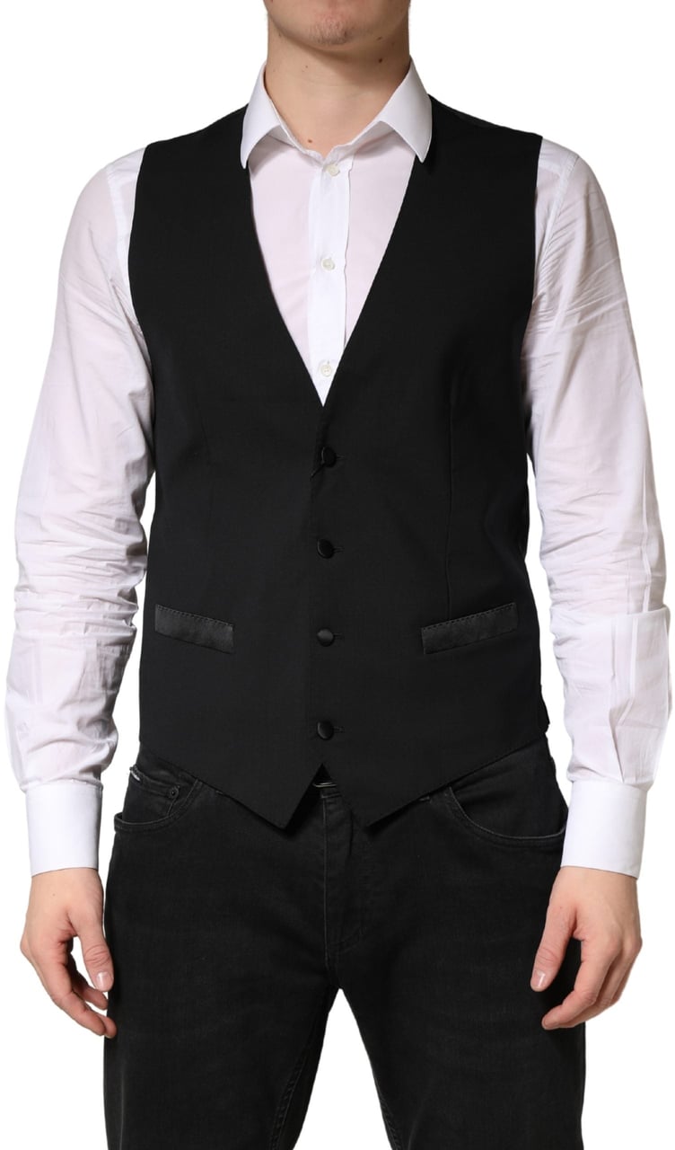 Dolce & Gabbana Black Wool Dress Men Formal Waistcoat Vest Zwart