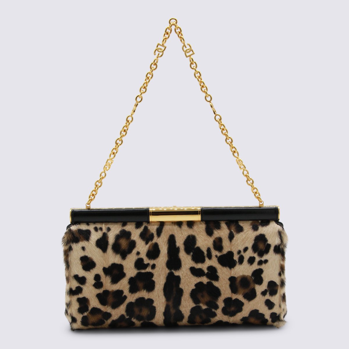 Dolce & Gabbana Plush Leopard Print Handbag With Structured Frame And Gold Accents Bruin