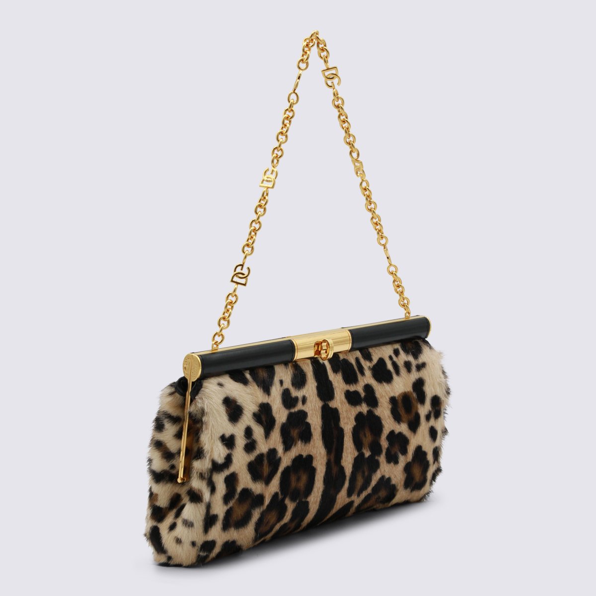 Dolce & Gabbana Plush Leopard Print Handbag With Structured Frame And Gold Accents Bruin