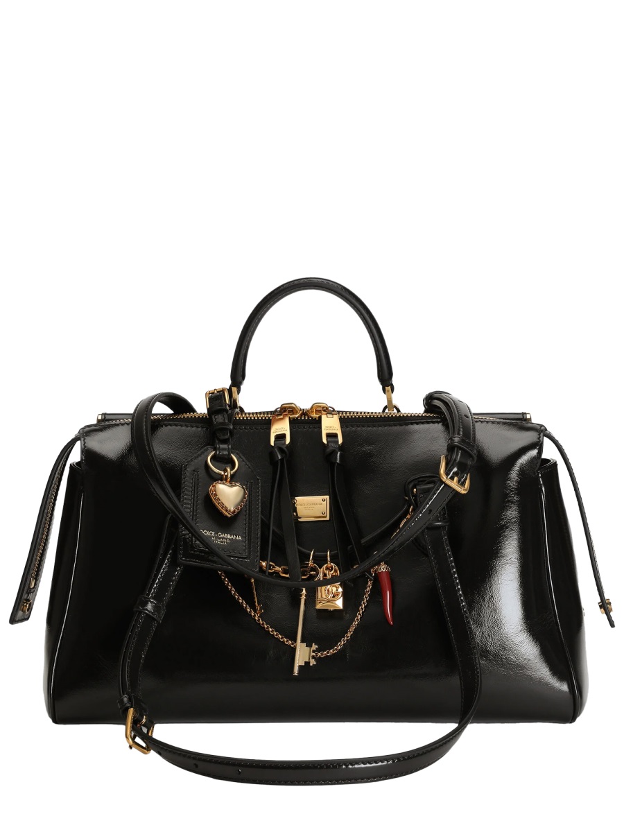 Dolce & Gabbana Victory Elongated Structured Detachable Strap Leather Handbag Zwart