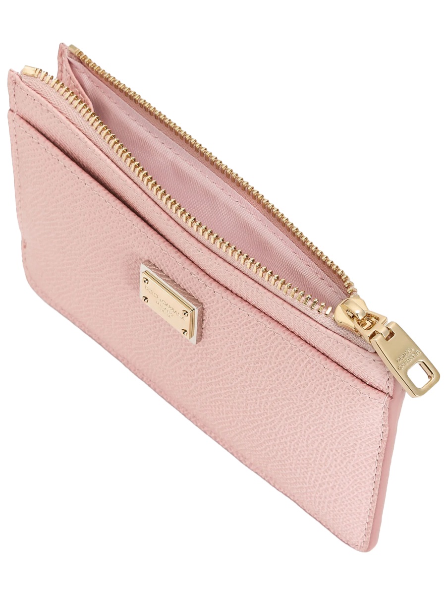 Dolce & Gabbana Pink Textured Leather Zippered Card Holder Neutraal