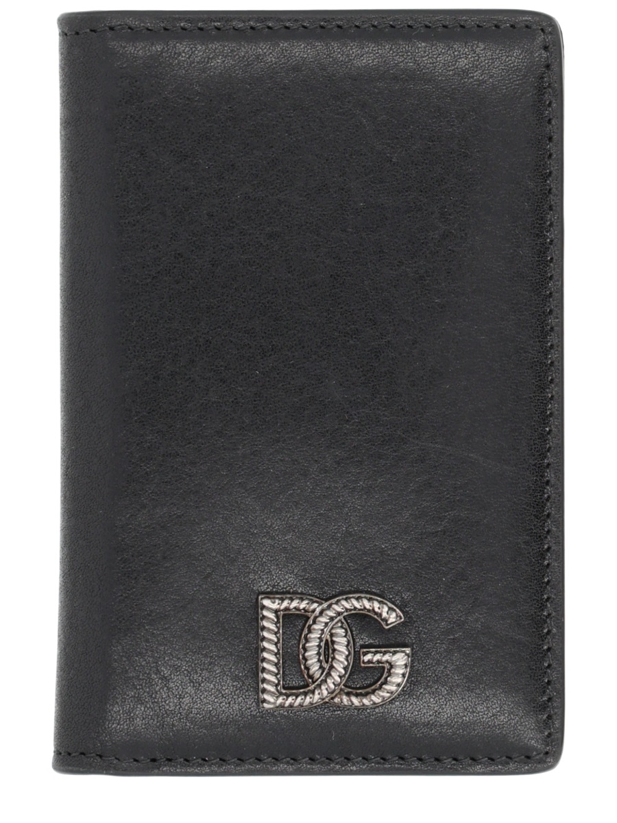 Dolce & Gabbana Neutrals Sleek Metallic Emblem Card Holder Zwart