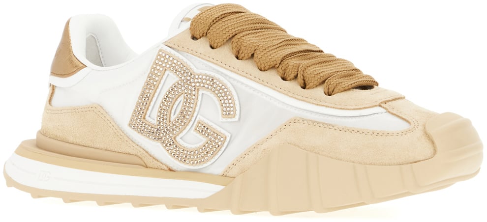 Dolce & Gabbana Two-tone leather and nylon Rhinestone sneakers Wit