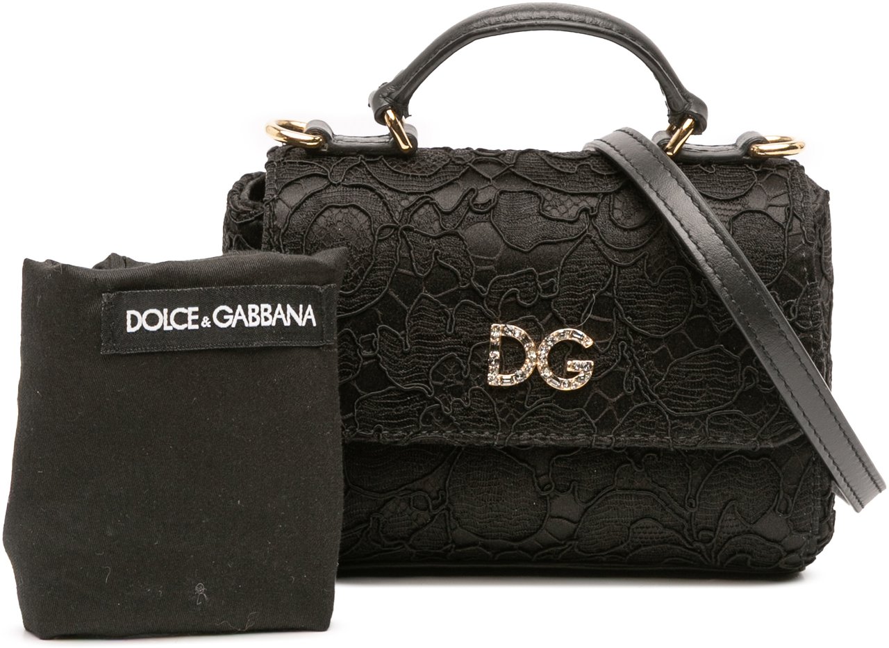 Dolce & Gabbana Silk and Lace Crystal Embellished DG Flap Satchel Zwart