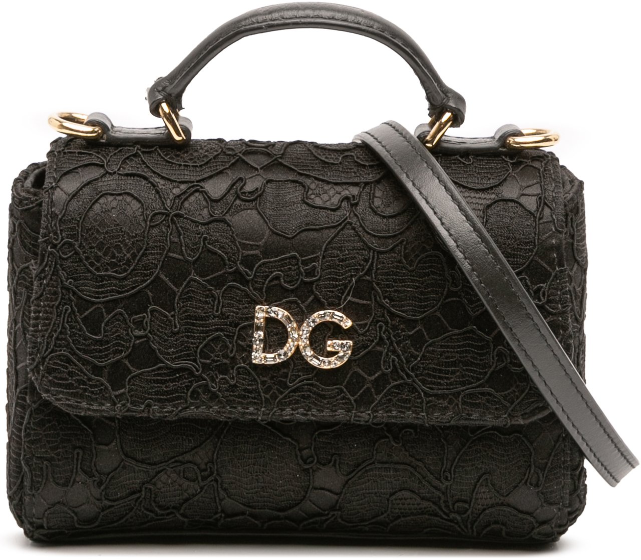 Dolce & Gabbana Silk and Lace Crystal Embellished DG Flap Satchel Zwart