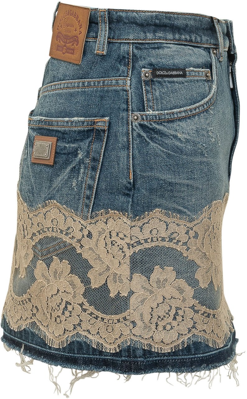 Dolce & Gabbana Gonna 5 Tasche in Denim con Inserto in Pizzo Blauw