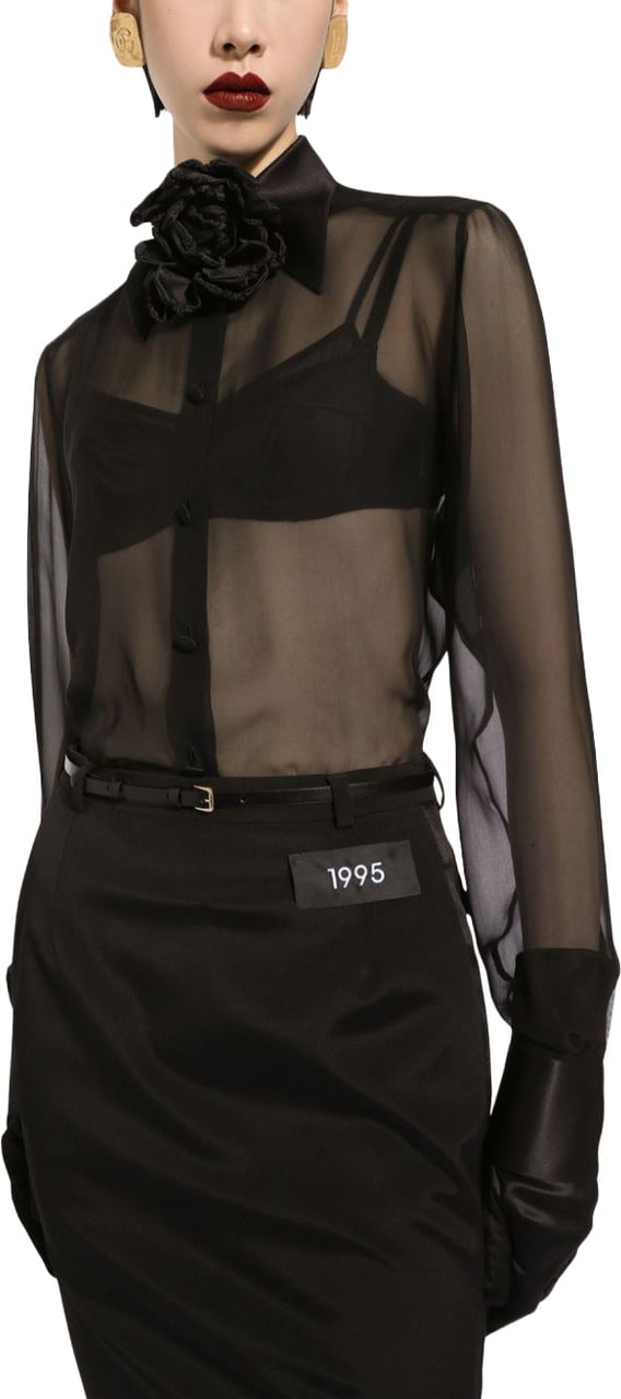 Dolce & Gabbana Sheer Black Long-Sleeved Silk Blouse Zwart