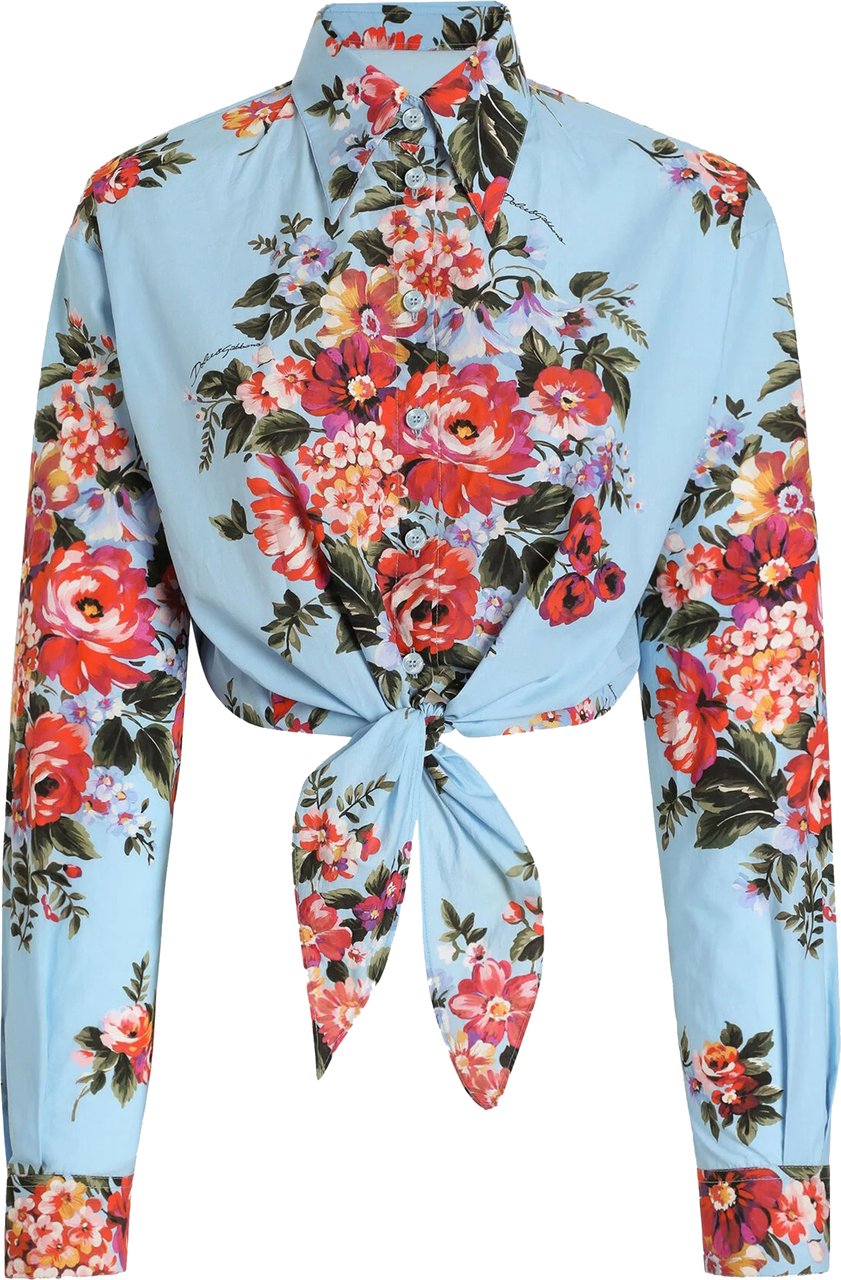 Dolce & Gabbana Cropped Light Blue Floral Cotton Shirt Blauw