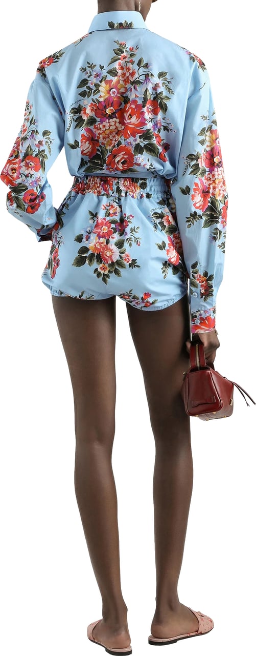 Dolce & Gabbana Cropped Light Blue Floral Cotton Shirt Blauw