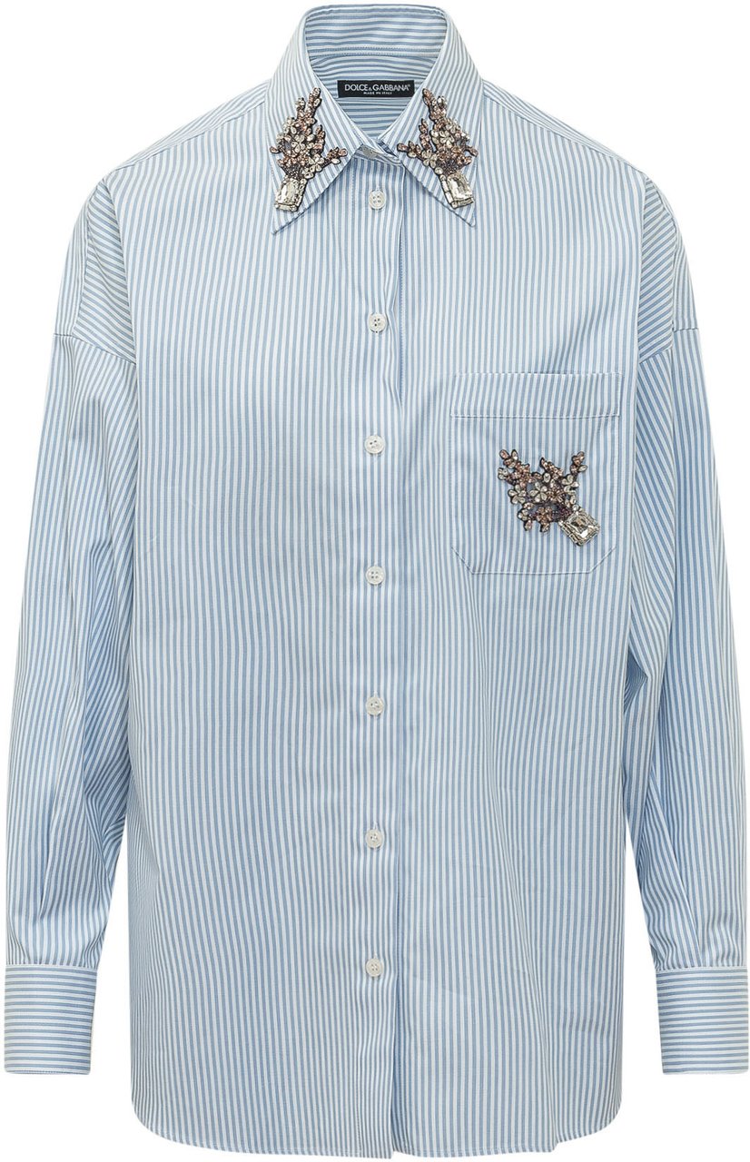 Dolce & Gabbana Camicia a Righe con Applicazioni Gioiello Lichtblauw
