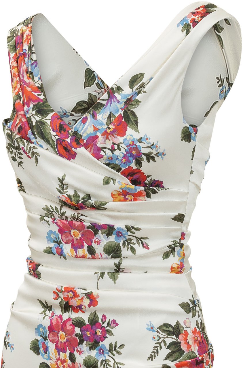 Dolce & Gabbana Abito con Scollo a V e Drappeggio e Motivo Floreal Wit