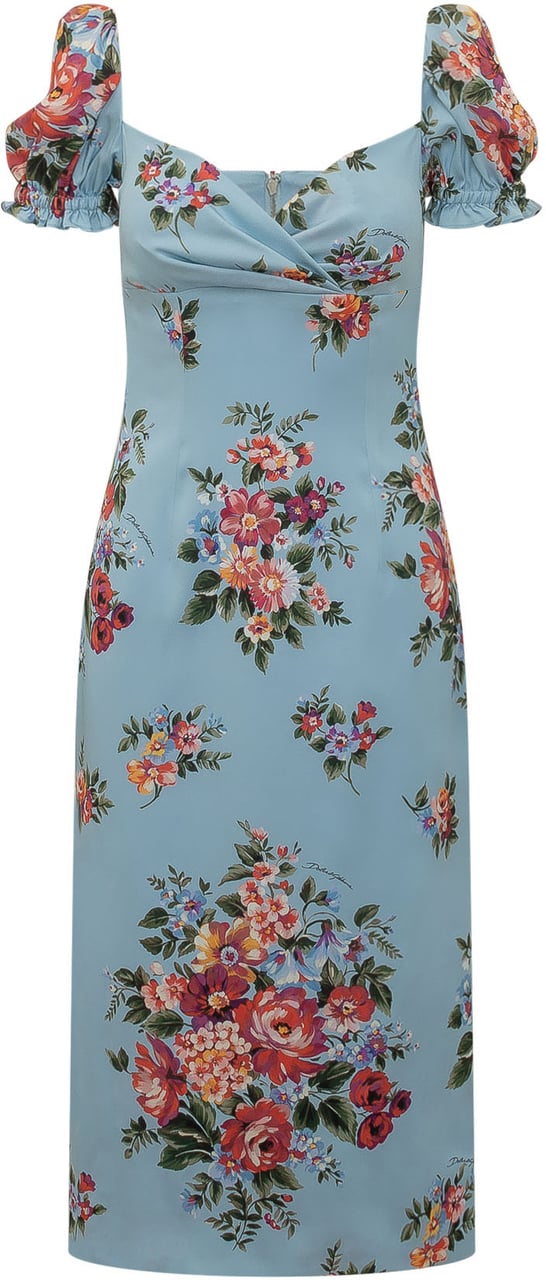 Dolce & Gabbana Abito Midi con Scollo a Cuore e Stampa Floreale Lichtblauw
