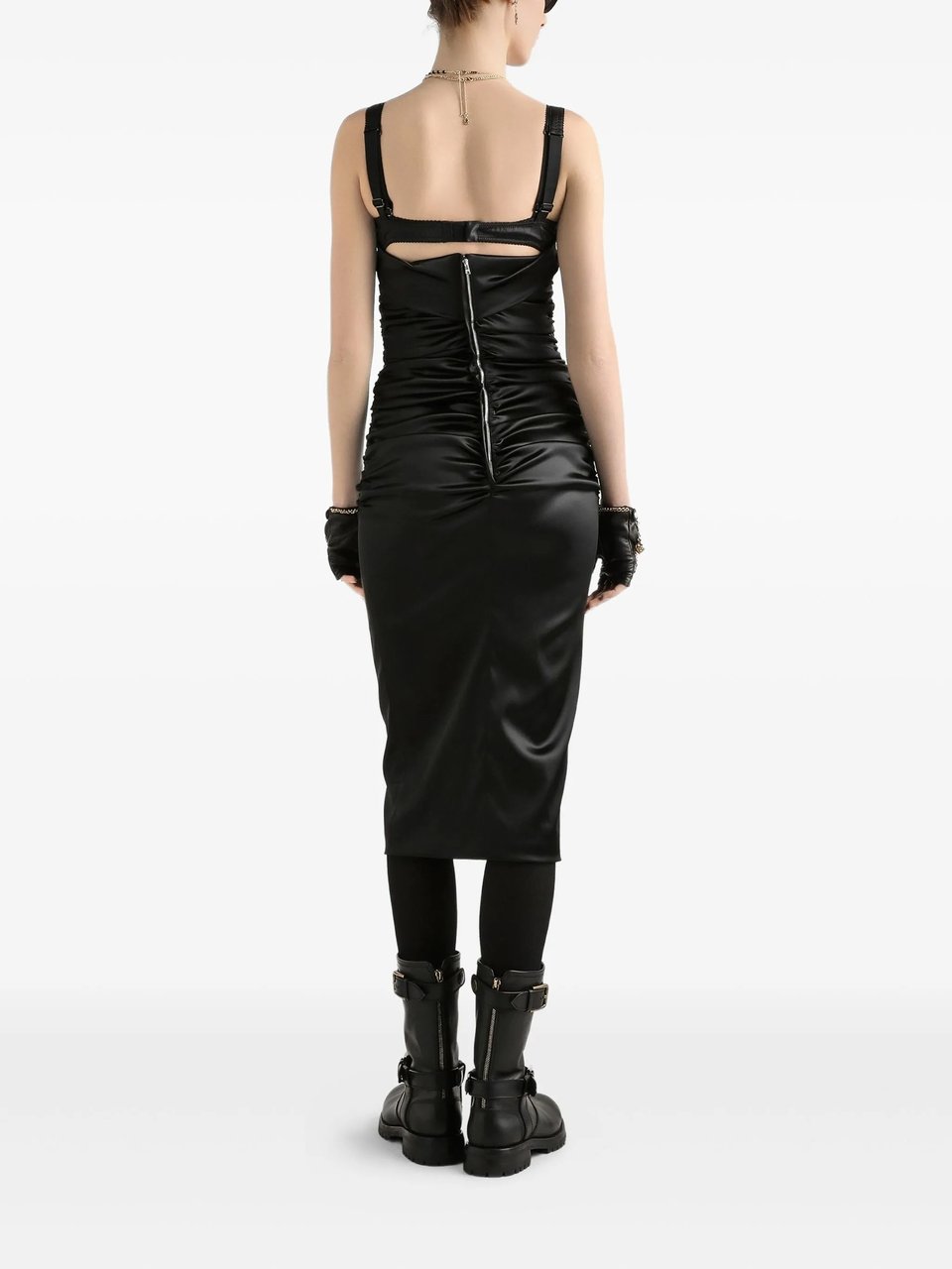 Dolce & Gabbana Fitted Black Ruched Cutout Midi Dress Zwart