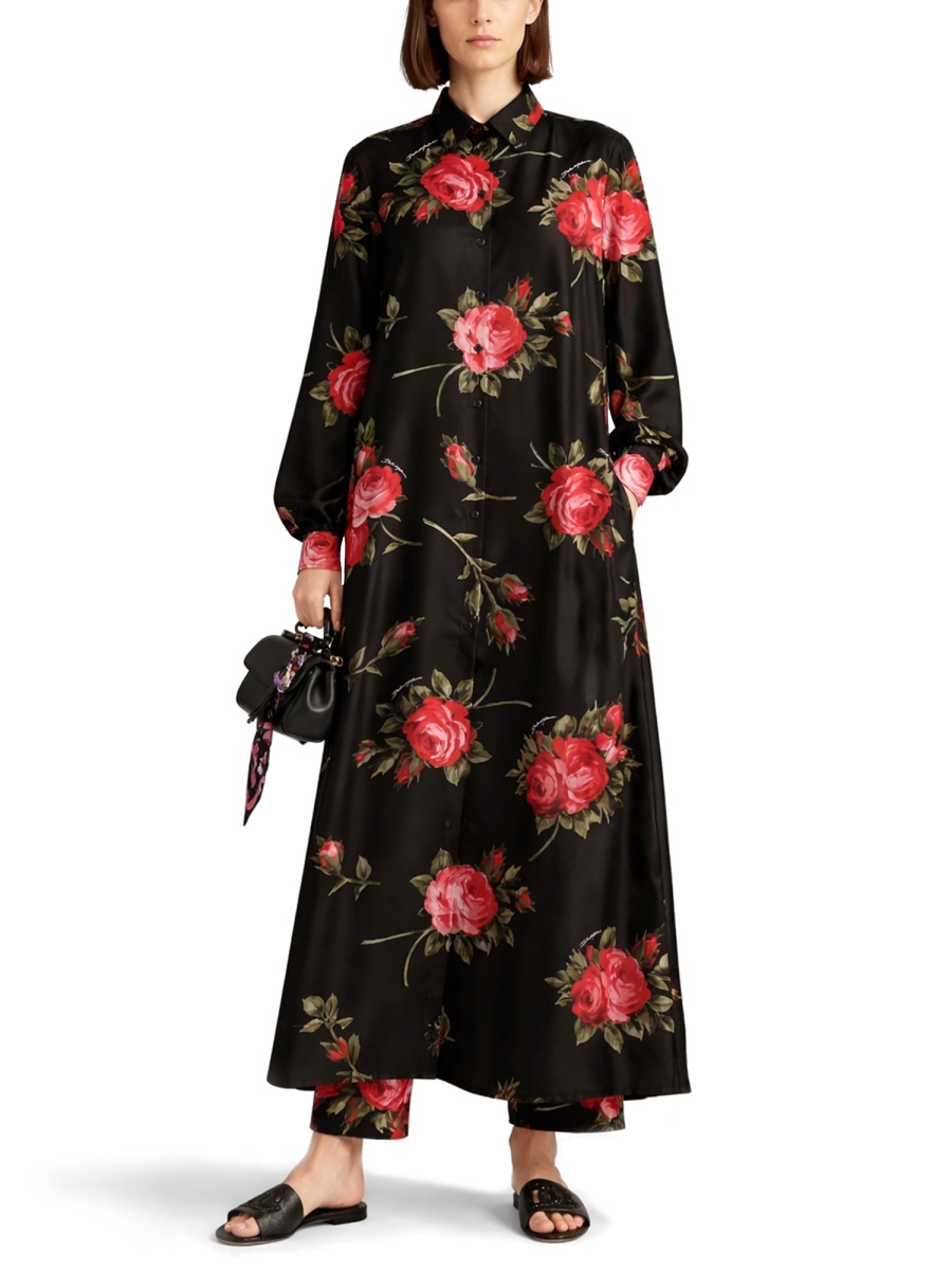Dolce & Gabbana Rose Bouquet Silk Day Dress Zwart