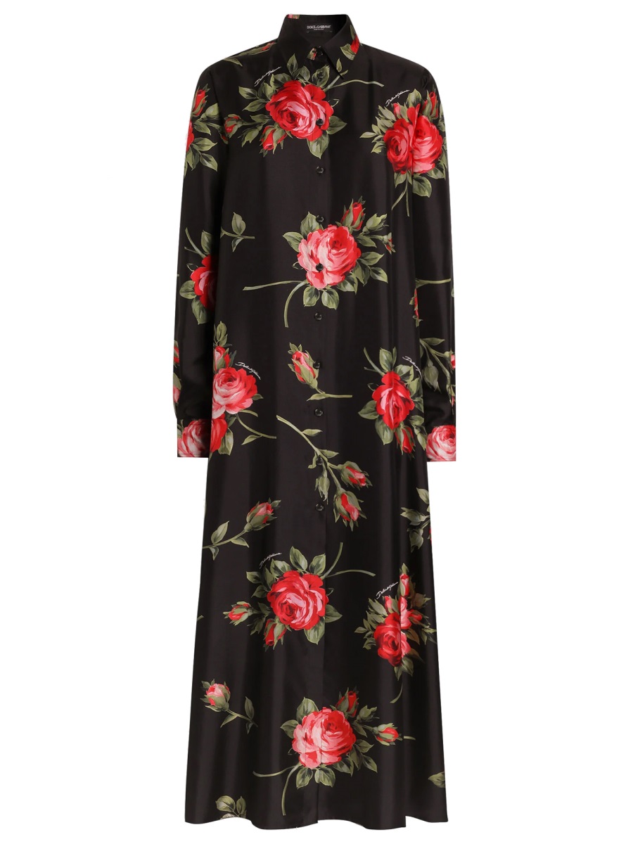Dolce & Gabbana Rose Bouquet Silk Day Dress Zwart