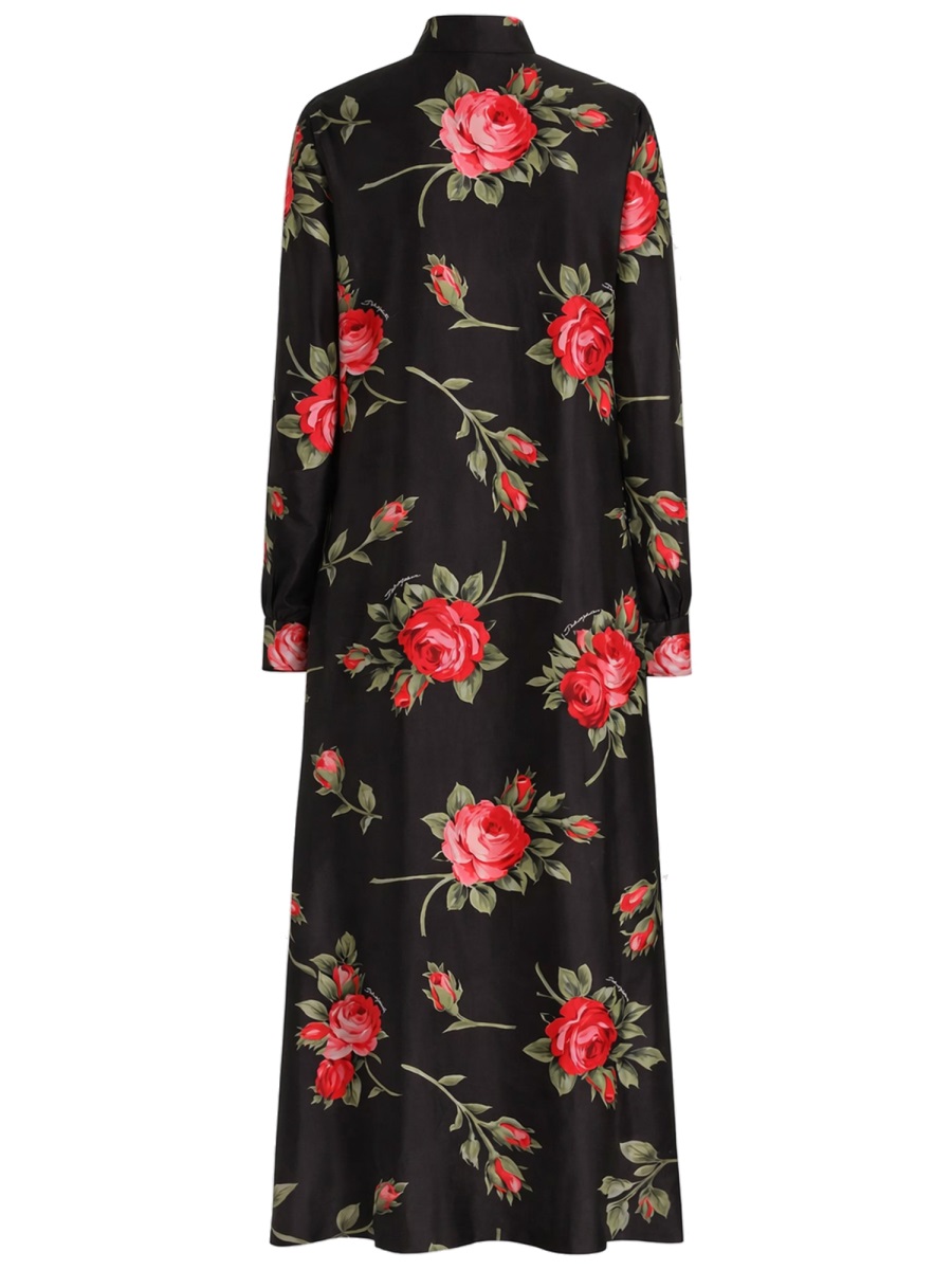 Dolce & Gabbana Rose Bouquet Silk Day Dress Zwart