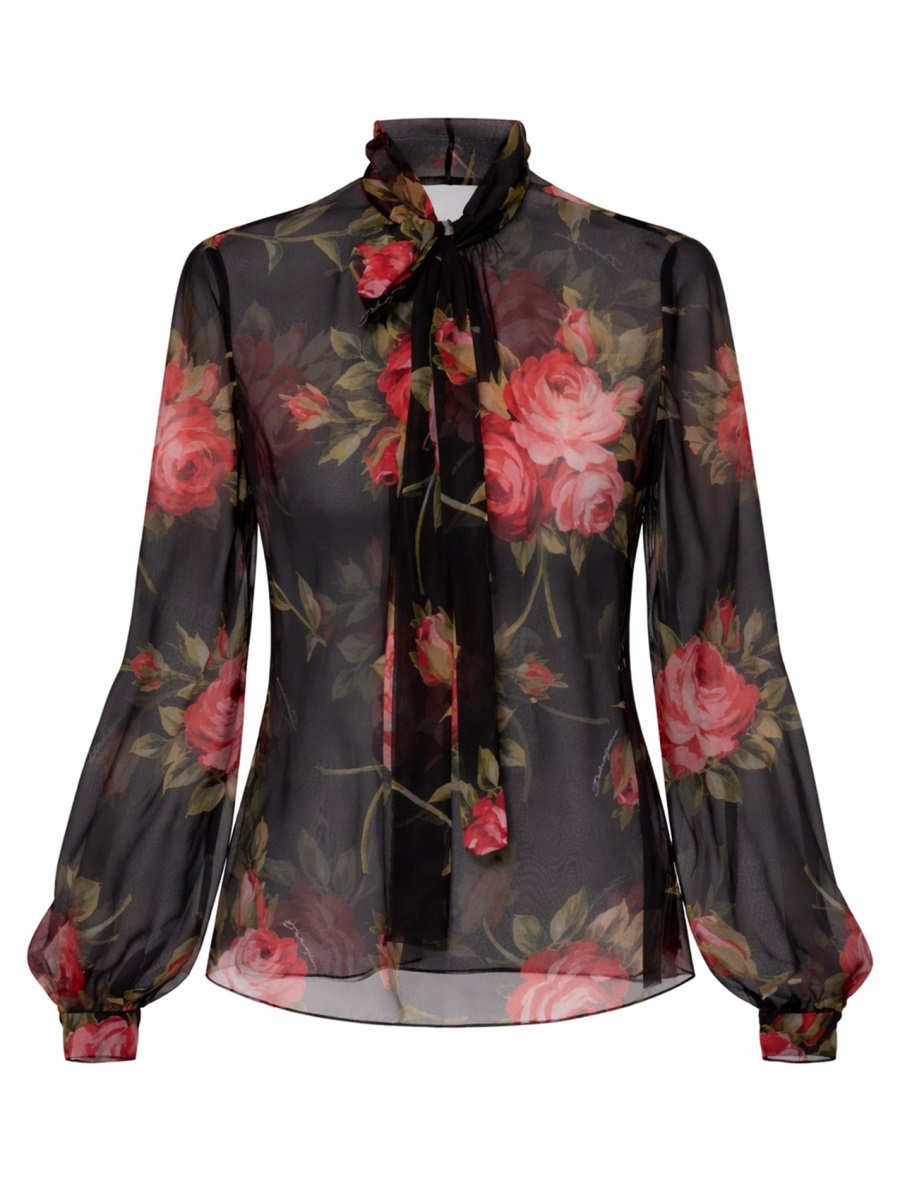 Dolce & Gabbana Black Rose Bouquet Printed Silk Blouse Zwart