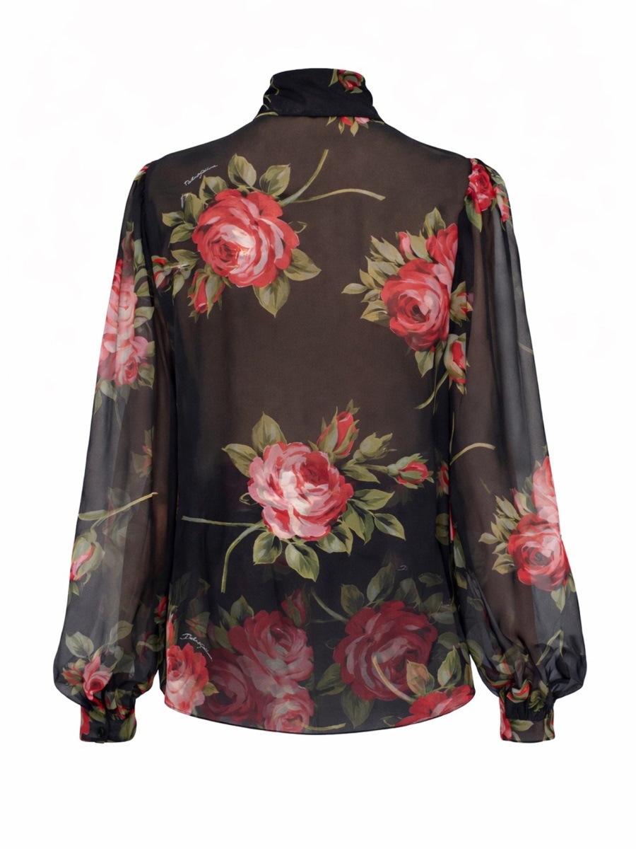 Dolce & Gabbana Black Rose Bouquet Printed Silk Blouse Zwart