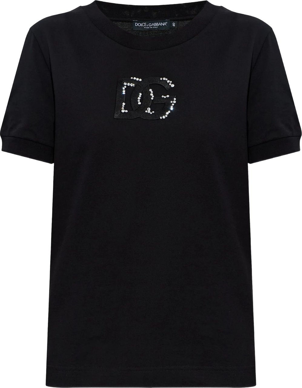 Dolce & Gabbana Black Cotton Rhinestone Embellished Logo T-Shirt Zwart