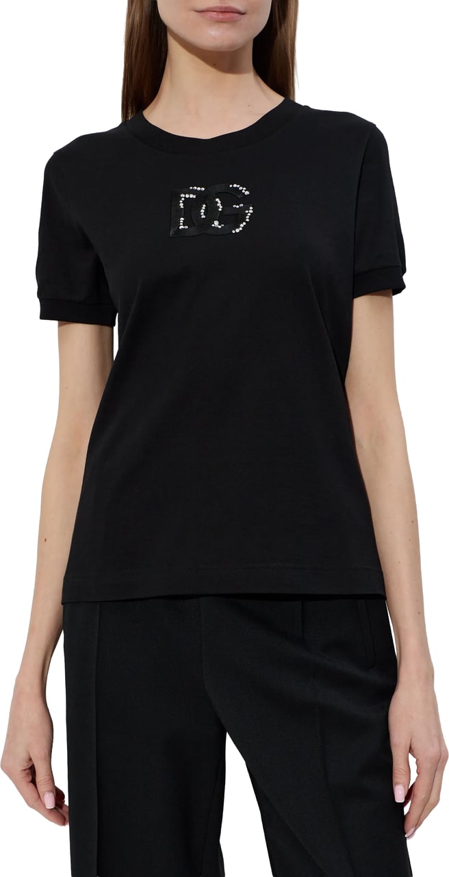 Dolce & Gabbana Black Cotton Rhinestone Embellished Logo T-Shirt Zwart