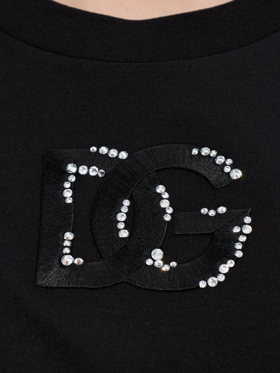 Dolce & Gabbana Black Cotton Rhinestone Embellished Logo T-Shirt Zwart