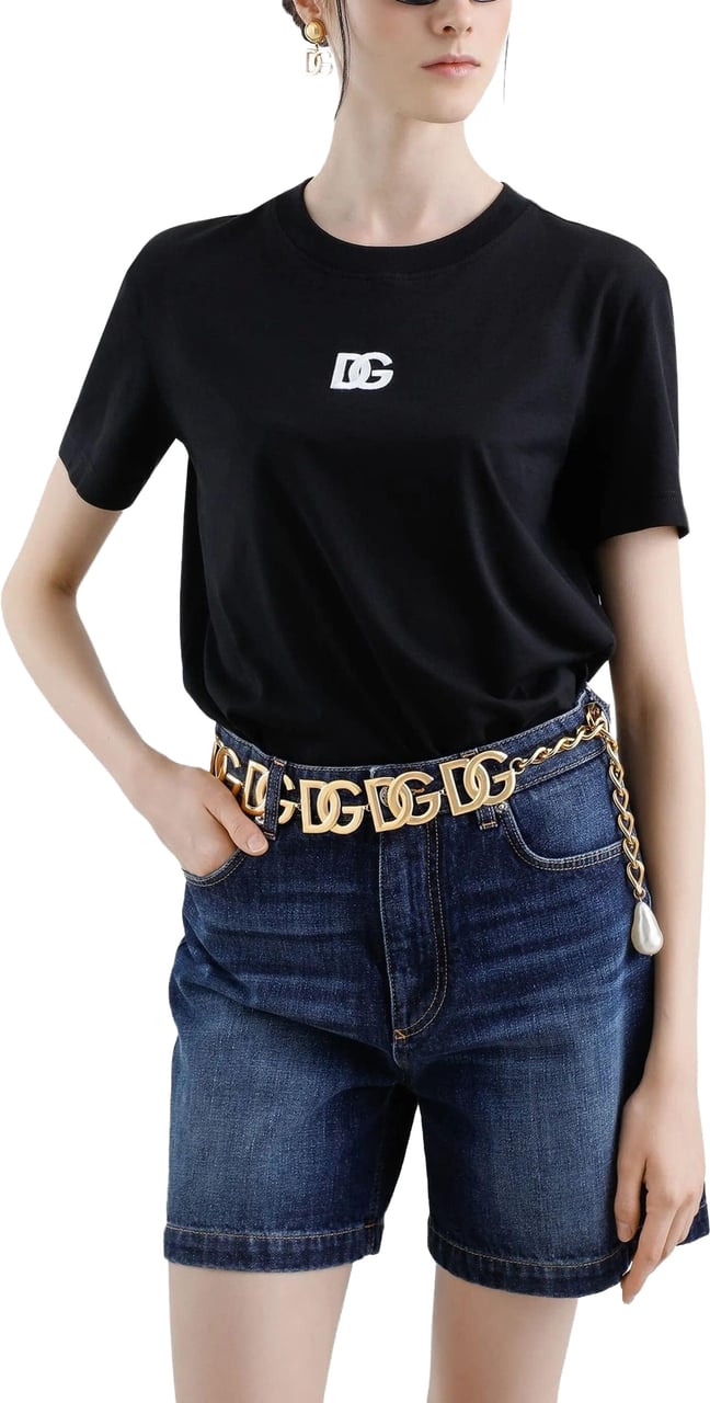 Dolce & Gabbana Black Jersey Cotton White Embroidered T-Shirt Zwart