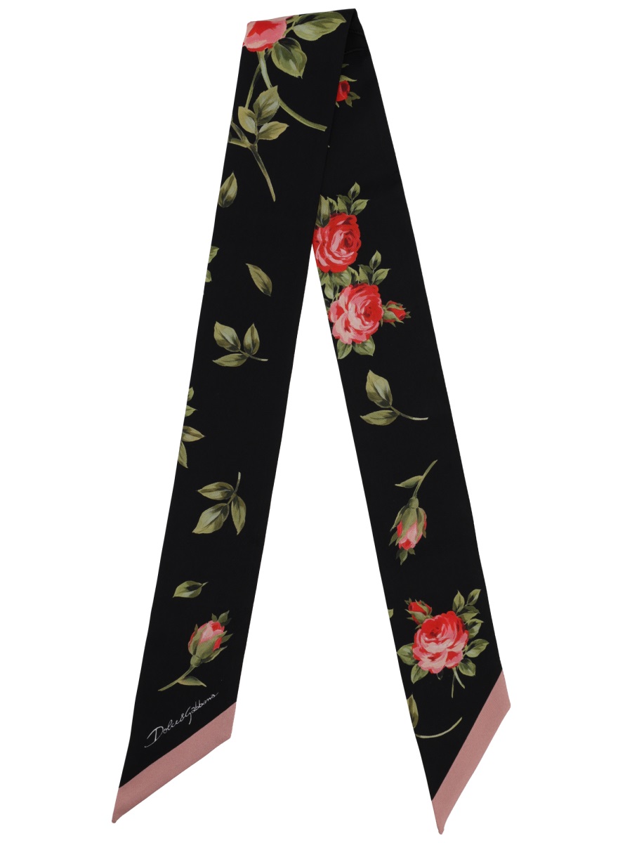 Dolce & Gabbana Black Floral Rose Pattern Silk Scarf Zwart