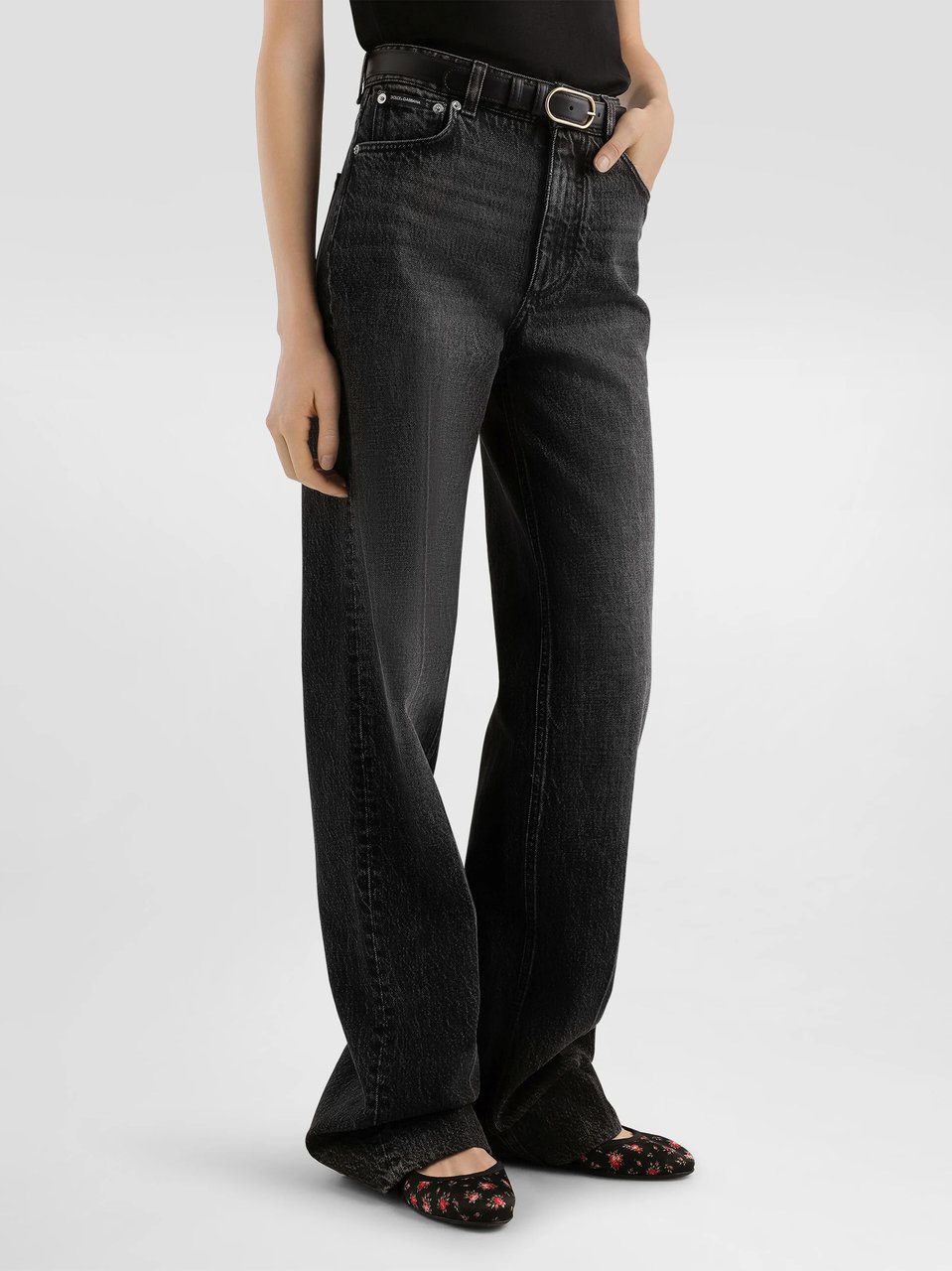 Dolce & Gabbana High-Waisted Wide-Leg Washed Black Jeans Zwart