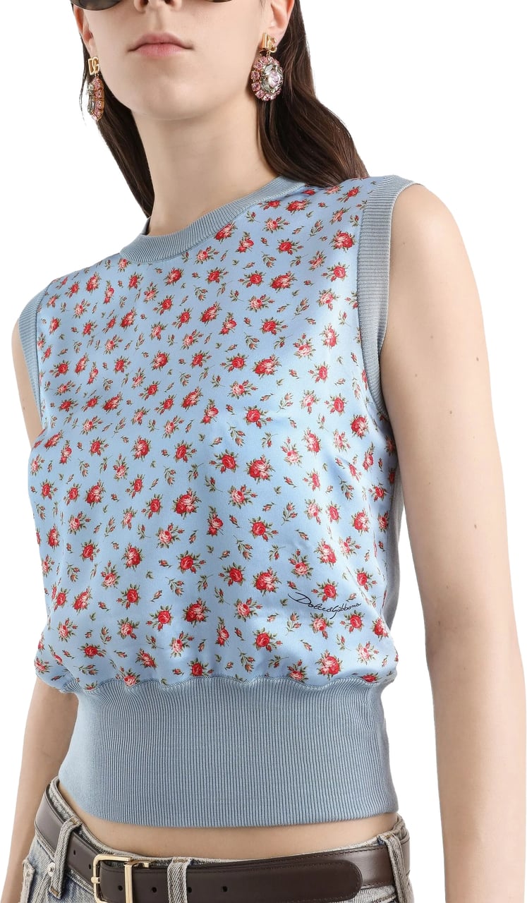 Dolce & Gabbana Light Blue Floral Print Silk Top Blauw