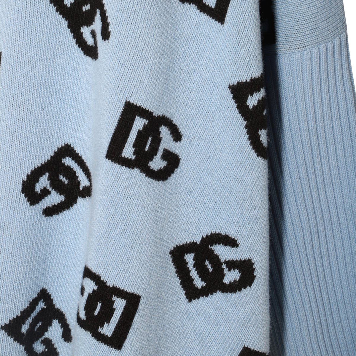 Dolce & Gabbana Light Blue Wool Dress With High Collar And Flared Silhouette Blauw